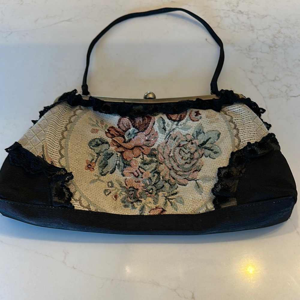 Black and Cream Floral Embroidered Clutch with Leather Trim